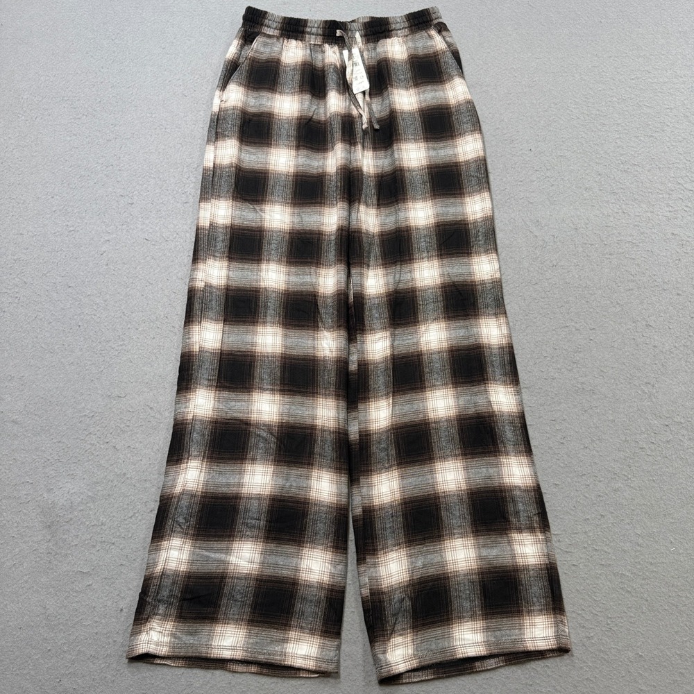 NEW Garage Sleep Pants Women's XS Brown Plaid Dreamy Flannel Wide Leg Pajamas
